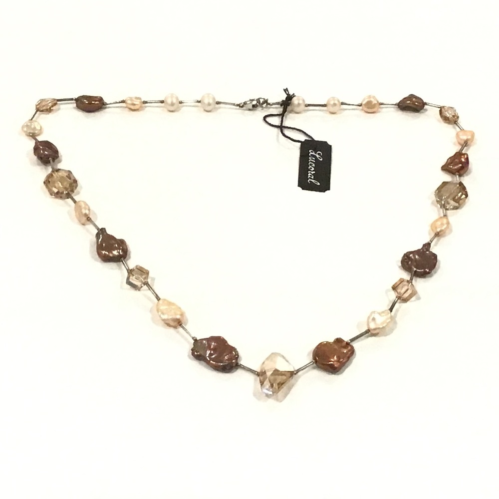 Lucoral Sterling Silver Shades of Brown Cultured Pearls+Crystals Beaded Necklace